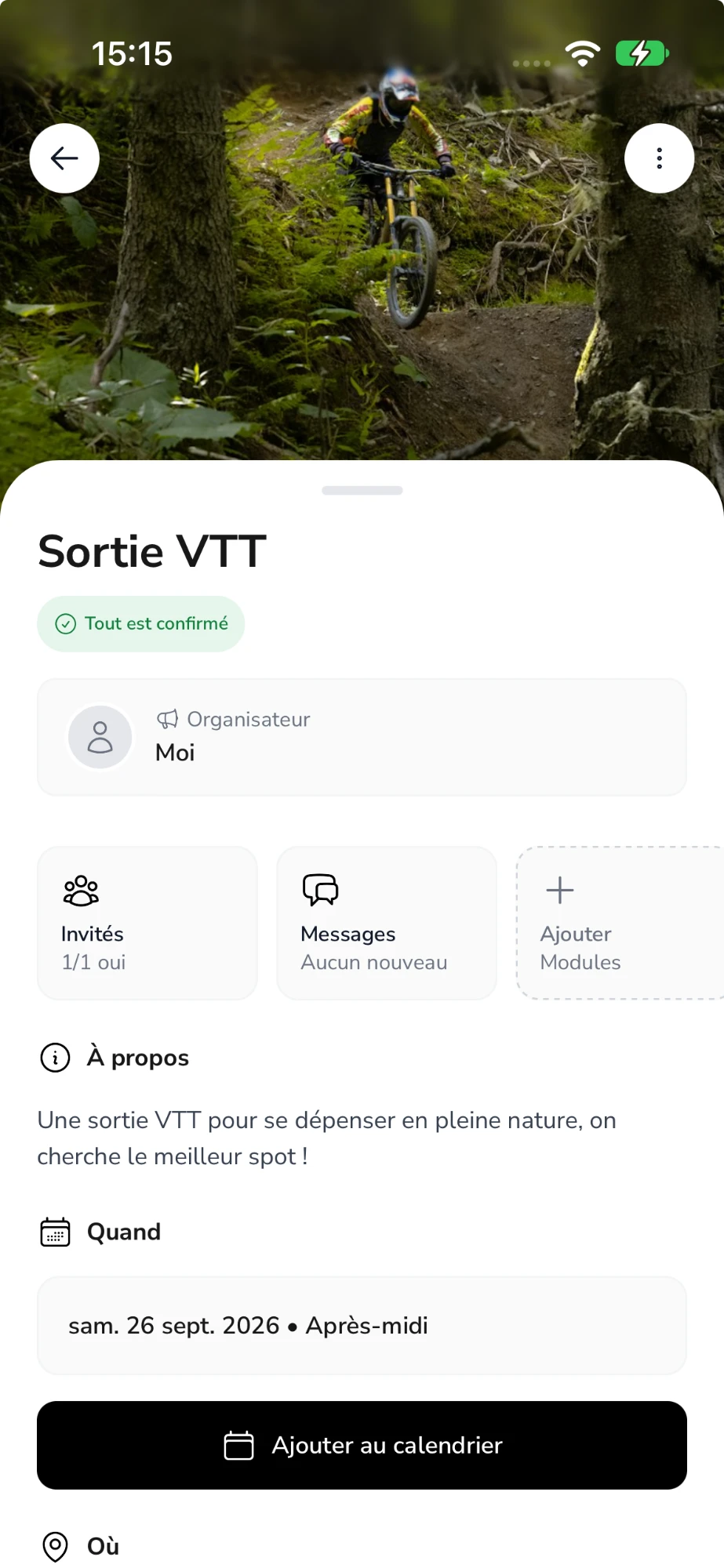 La fiche d'un événement confirmé, avec l'organisateur, les invités, les messages et le bouton Ajouter au calendrier